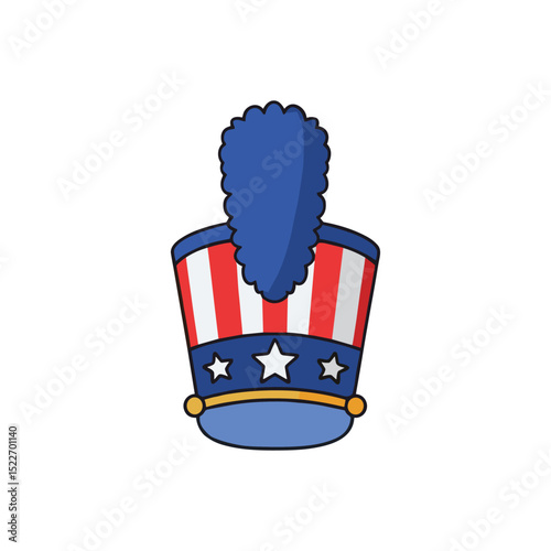 A whimsical cartoon illustration of a patriotic top hat adorned with stars and stripes, representing American pride, independence, and festive celebrations like the Fourth of July.