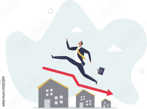 Housing price falling down, real estate and property crash, value drop or decline, home loan or mortgage risk concept. character life .
