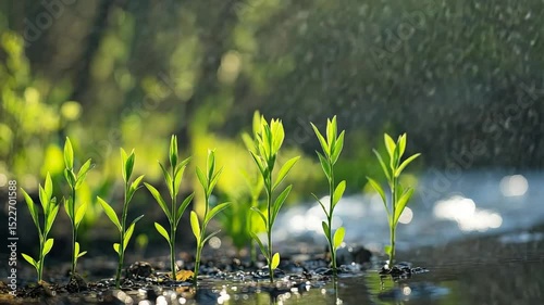 Young plants growing by stream.