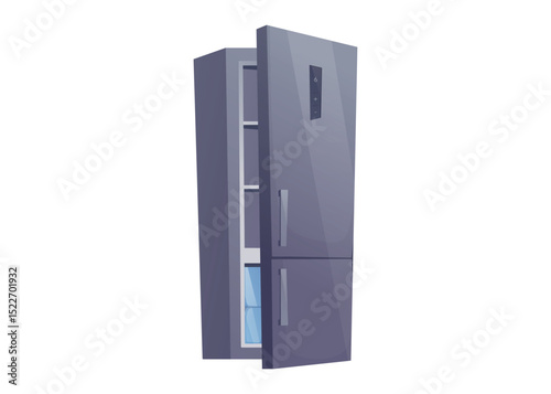 Realistic modern fridge with slightly open door. Vector cartoon isolated illustration of dark grey refrigerator showing interior depth, ideal for appliance ads, home kitchen concepts