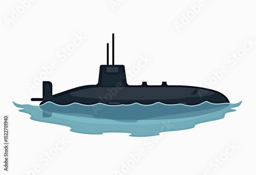 Modern flat icon of a submarine navigating the ocean depths, featuring periscope, portholes, and sonar lines, drawn in bold outline and simple flat tones for clarity and contrast
