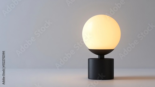 A minimalist table lamp with a softly glowing, opaque spherical shade atop a matte black cylindrical base, set against a neutral gray backdrop