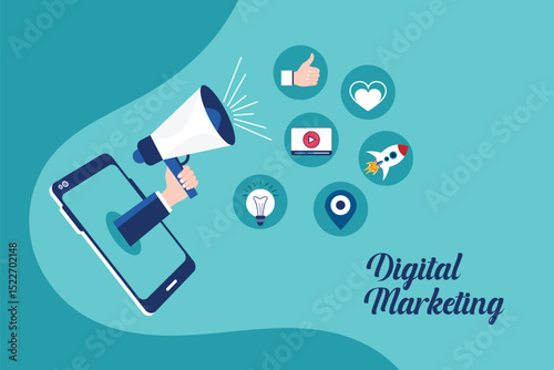Social media influencer. Illustration with man holding megaphone. Different social media icon