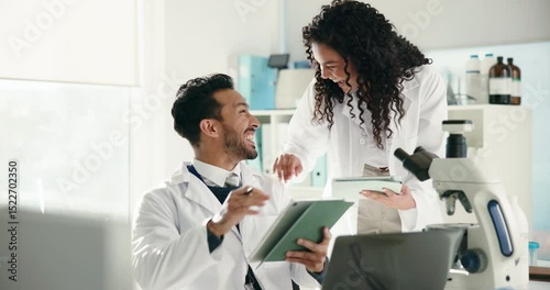 Tablet, research and high five with people in lab for clinical success, pharmacy or medical. Healthcare, drug trial approval and collaboration with scientist and support for published science results