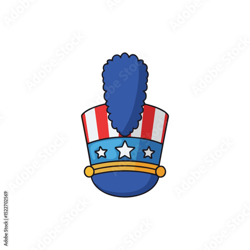 Patriotic drum major hat illustration with red, white, blue and stars theme.