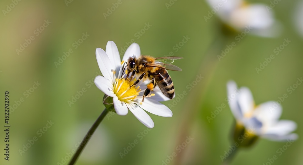 Honeybee Pollinating a Delicate White Flower in a Lush Meadow Honeybee Pollinating a Delicate White Flower in a Lush Meadow