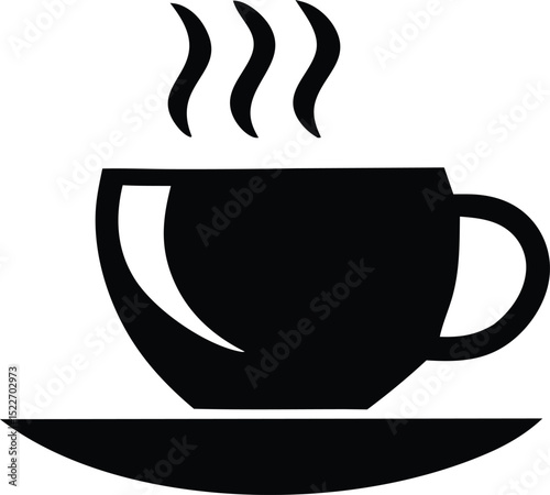 A simple black and white illustration of a steaming cup of coffee on a saucer