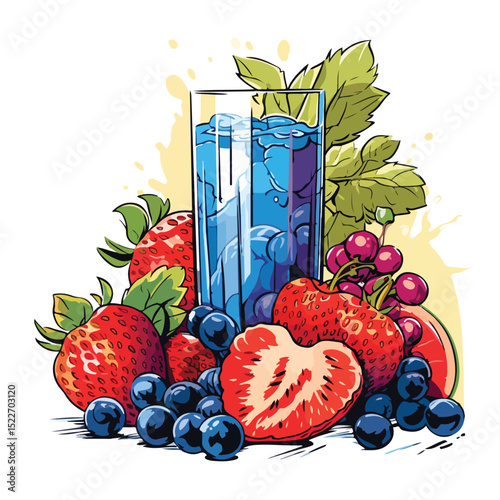 Fresh Grapes and Strawberries Natural Fruit Juice on Blue Background for Healthy Lifestyle Advertising
