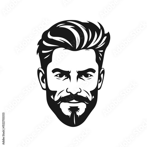 Stylized male face with thick hair and full beard, strong expression, bold lines, monochrome vector portrait, hipster style, bearded man, modern haircut, masculine face, vector portrait