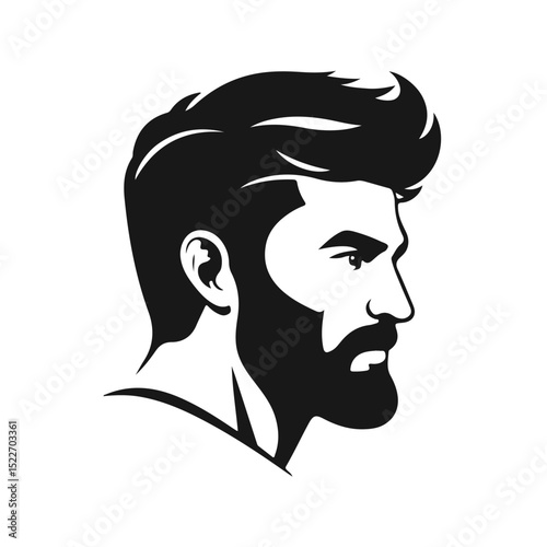 Stylized male face with thick hair and full beard, strong expression, bold lines, monochrome vector portrait, hipster style, bearded man, modern haircut, masculine face, vector portrait