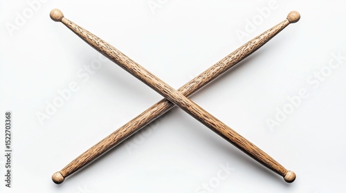 Two light brown wooden drumsticks, with rounded tips, are arranged in an 