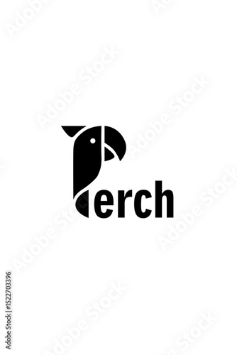 Minimalist vector logo featuring a stylized parrot head forming the letter "P" in the word “Perch,” perfect for cafés, creative brands, or eco-friendly businesses.