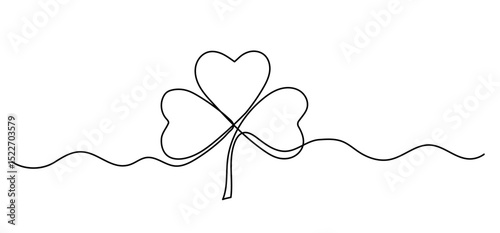 Clover one line drawing, symbol of St. Patrick's Day icon continuous outline isolated sketch