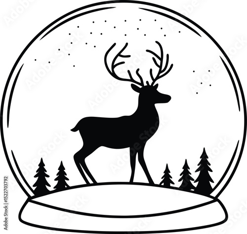 Black silhouette of a winter snow globe featuring reindeer and pine trees inside dome, ideal for Christmas themes, holiday cards, and seasonal decorations