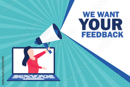 We want your feedback. woman hand hold megaphone, banner for business, promotion and advertising.