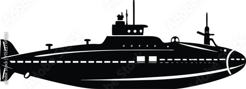  silhouette of a submarine in side profile with periscope and fin details, suitable for military, nautical, or underwater exploration