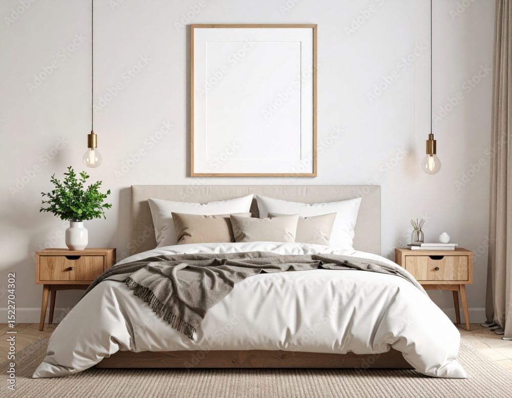 Fototapeta premium Serene bedroom interior with minimalist decor blank frame and warm lighting