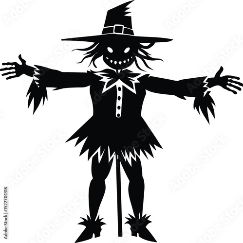 silhouette of a spooky scarecrow with ragged clothes and sinister grin, perfect for Halloween decorations, haunted farm themes
