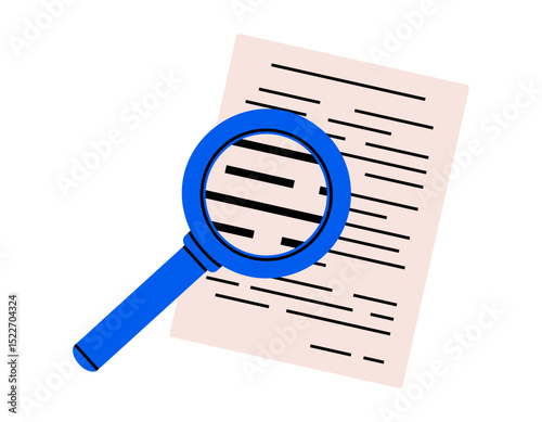 Hand drawn cute cartoon illustration of magnifying glass with text document. Flat vector optical tool sticker. Information research icon. Searching for answer. Database analysis. Isolated.