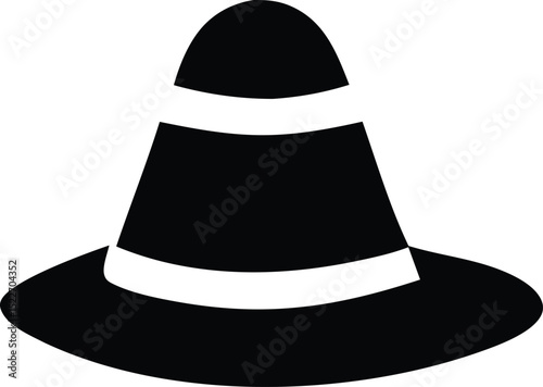 A simple black and white illustration of a conical hat with a wide brim