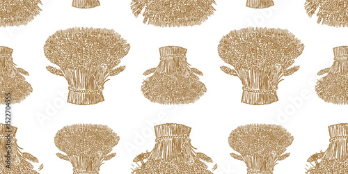 Seamless pattern of outlines sheafs ripe wheat, vector background, wallpaper, paper
