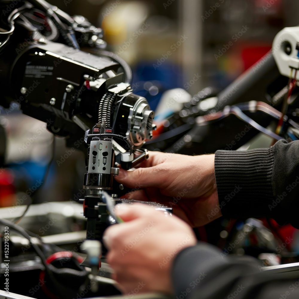 Fototapeta premium Close-up of hands fine-tuning professional camera gear, showcasing precision and technical expertise in audiovisual technology.