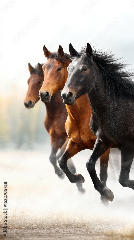 Fototapeta premium Horses gallop in unison across an open field during a misty morning at dawn