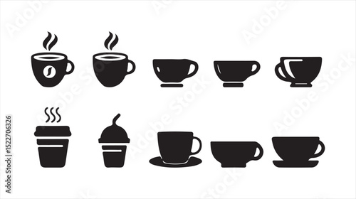 Hot Beverage Cup Icon Set – Black and White Vector Illustrations of Coffee and Tea Cups. Victor illustration eps 10