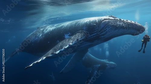 Diver Encountering Majestic Humpback Whales Underwater
