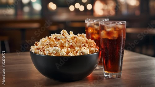 Close-Up of Movie Snacks: Popcorn and Drinks
