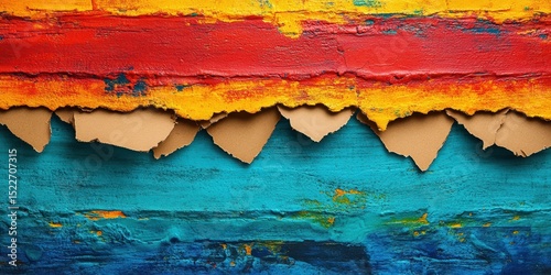 Vibrant abstract painting with textured layers of red, yellow, and blue emulating a sunset over rough terrain