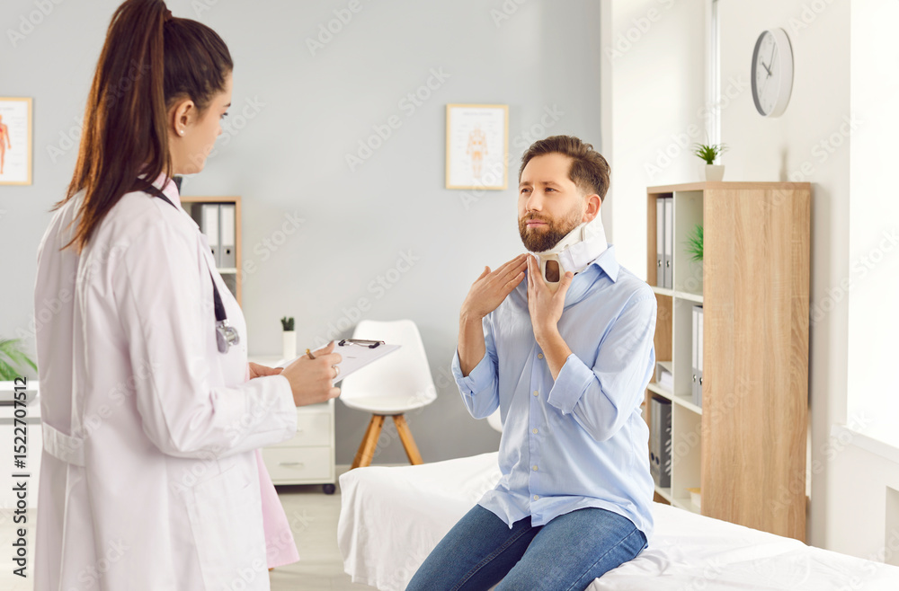 Fototapeta premium Female young doctor traumatologist examining man wearing neck brace in medical office. Male patient in neck collar sitting on couch in exam room in clinic. Neck fracture and injury concept.