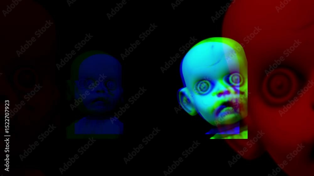 Creepy Baby Doll Faces with Spiral Eyes and RGB Color Shift Effects on Dark Background Creepy Baby Doll Faces with Spiral Eyes and RGB Color Shift Effects on Dark Background