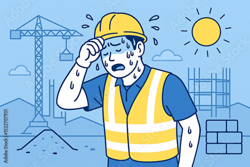 炎天下で疲労困憊の建設作業員のイラスト