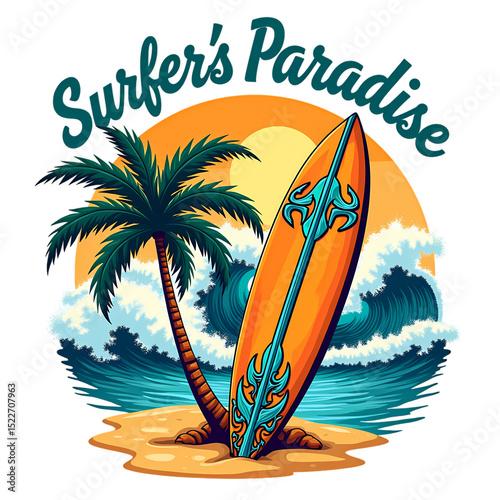 Vibrant Beach Scene Surfboard Palm Tree Ocean Waves and Sunset in a Tropical Surfer s Paradise