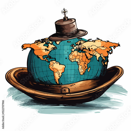Vintage World Map and Marine Hat Navigation Vector Illustration for Nautical Exploration Themes