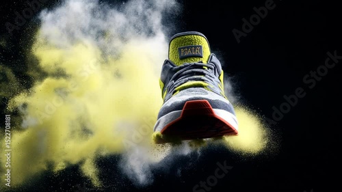 A basketball shoe floating mid-air for a commercial and product advertisement video shoot, with sand and smoke alongside it, minimalism effect 