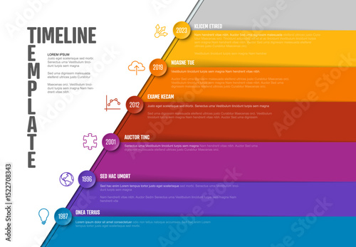 A professional and modern timeline template showing years, events, and milestones in a gradient design. Use this timeline template for business reports, history presentations, or project planning.