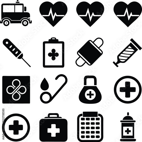Collection of sixteen black medical and healthcare icons