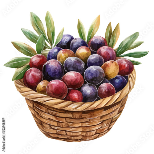 Olive Fruit Basket, watercolor drawing vector, high quality, isolated on a white background.