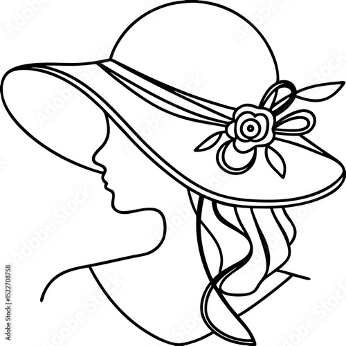 One Line Art of Woman with Big Hat and Floral Accent for Fashion Websites, Art Blogs, Digital Illustrations, Greeting Cards, and Lifestyle Content  