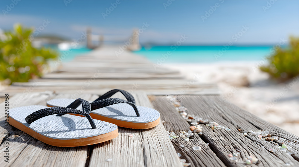 Obraz premium Flip flops resting on a wooden pier, overlooking a serene beach with turquoise waters and a clear sky, evoking a sense of relaxation and summer vibes. Selective focus