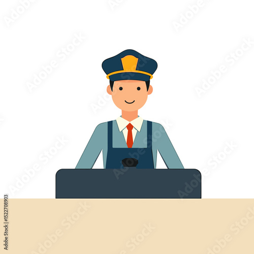 Friendly Cartoon Security Guard at Reception Desk Illustration with Uniform and Cap