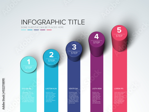 A five step infographic template design featuring a colorful 3D bar chart. This infographic design is perfect for illustrating a business process or sequential steps.