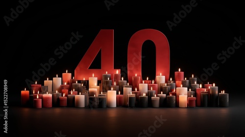 Stylized candles artfully arranged in number 40 for Arbaeen celebration on a dark background