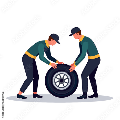 Two Mechanics Changing a Tire Illustration, Automotive Service and Maintenance, Flat Design