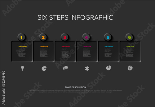 Dark six step infographic template perfect for showcasing process stages or workflow diagrams. Versatile infographic design provides a clear layout for your step-by-step presentations or projects.