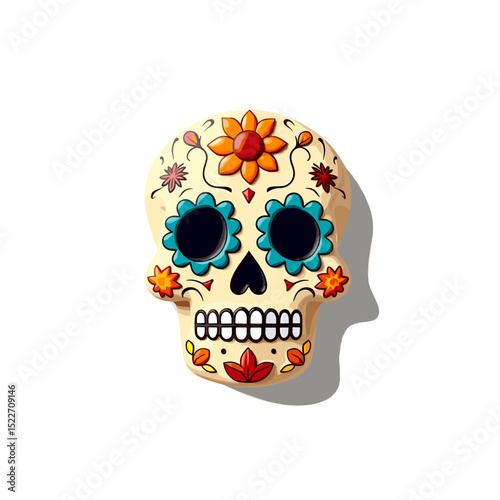 Colorful Sugar Skull with Floral Decorations for Day of the Dead Celebration Illustration