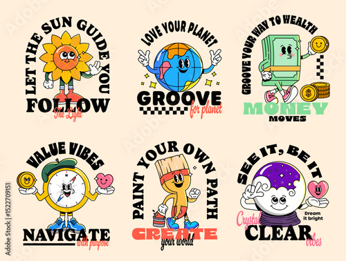 Colorful cartoon mascot set with retro groovy style. Motivational characters like sun, planet, money, compass, paintbrush & crystal ball with fun and inspiring quotes. Vector illustration