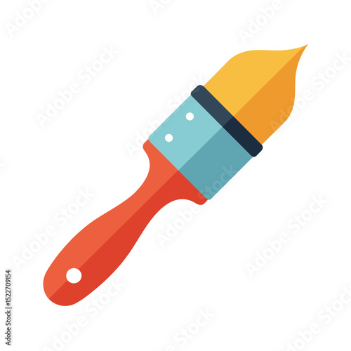Illustration of a Paint Brush with Orange Handle and Yellow Bristles on White Background, Flat Design